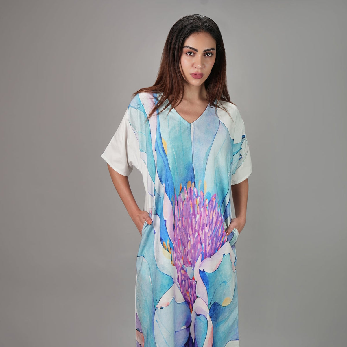 Fleur Watercolour Floral Long Kaftan Dress, picture 5 of 6
