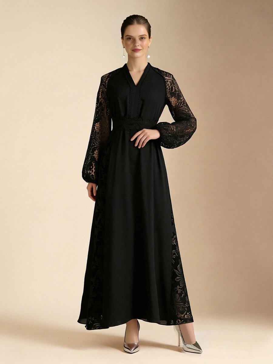Lace-Sleeve Chiffon Maxi Dress