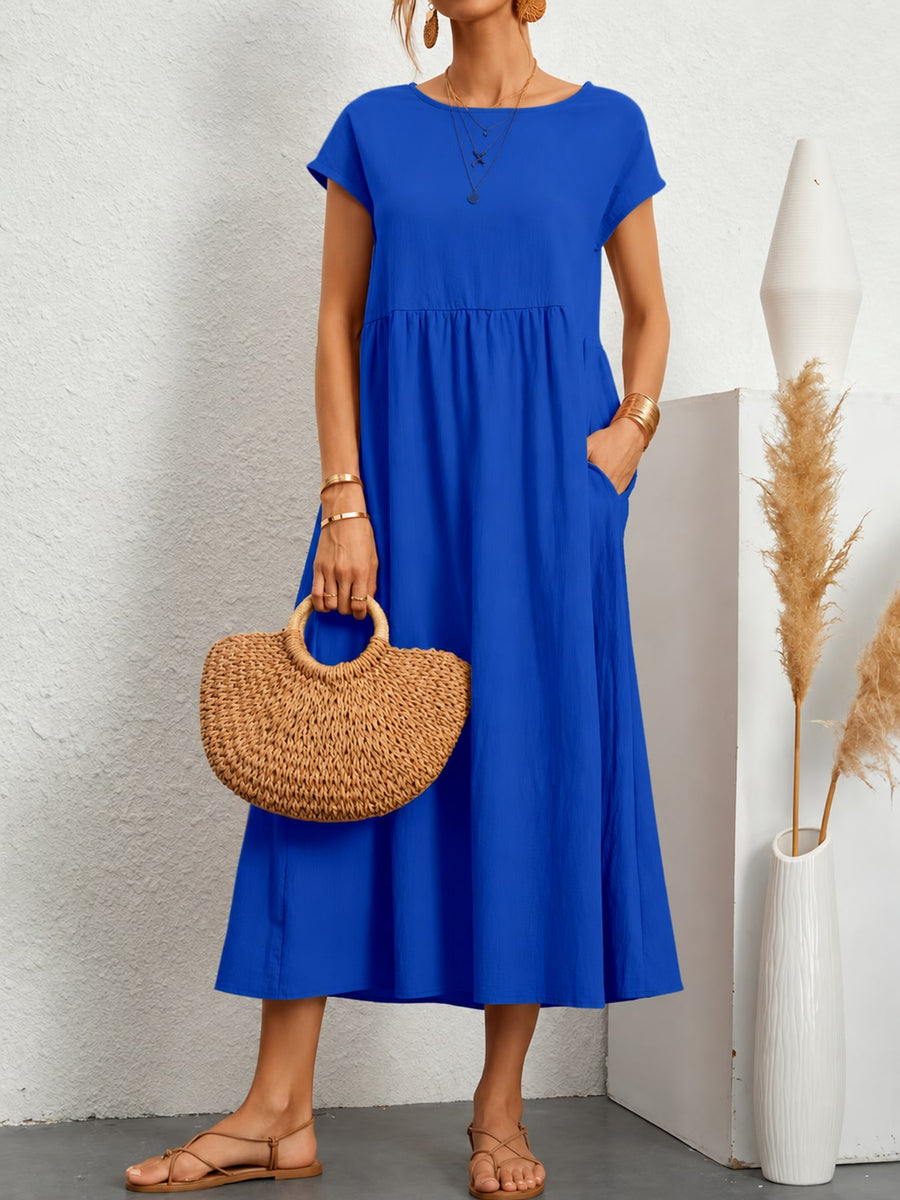 فستان ميدي قطن كاجوال بأكمام قصيرة وجيوب | Casual Cotton Midi Dress with Short Sleeves and Pockets