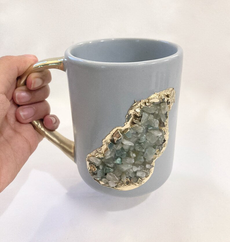 Wave Gray Ceramic Mugs with Crystal Teardrop, 12 oz-0