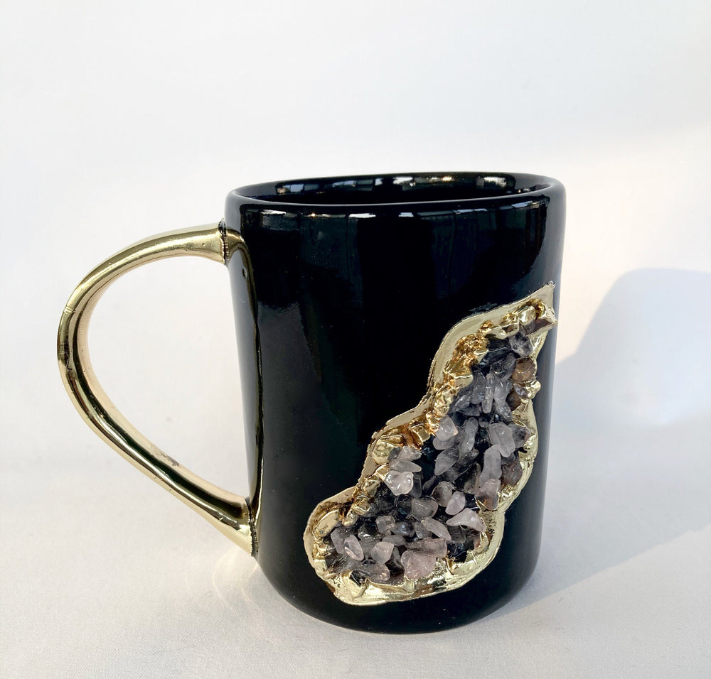 Wave Black Ceramic Mugs with Crystal Teardrop, 12 oz