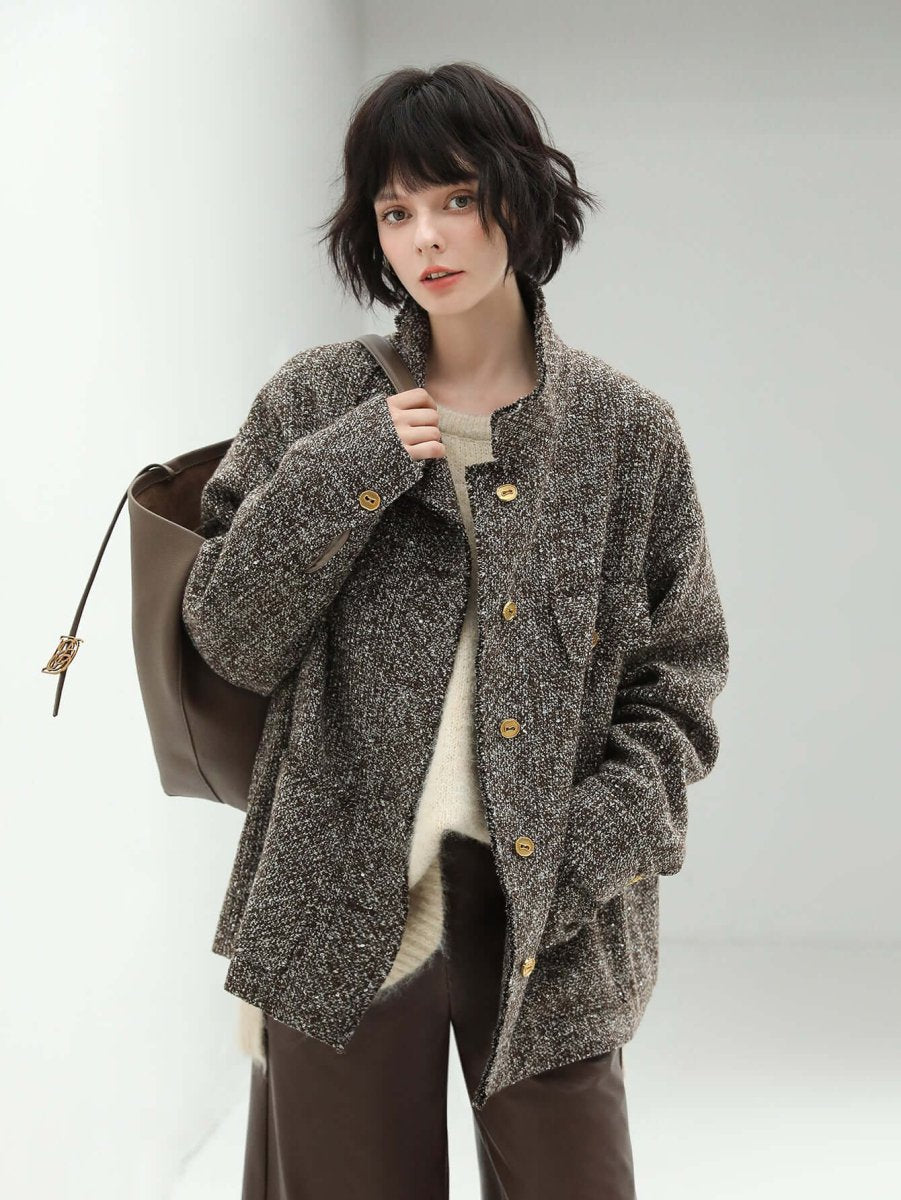 Mocha Tweed Wool Coat with Gold Buttons, picture 3 of 5