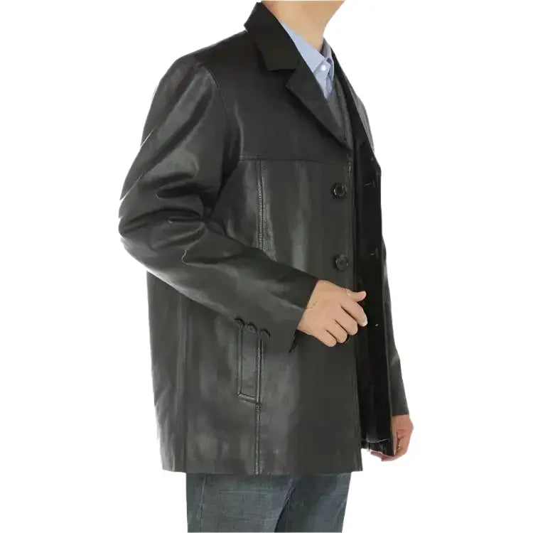 Men’s Black Lambskin Leather Overcoat, picture 4 of 4