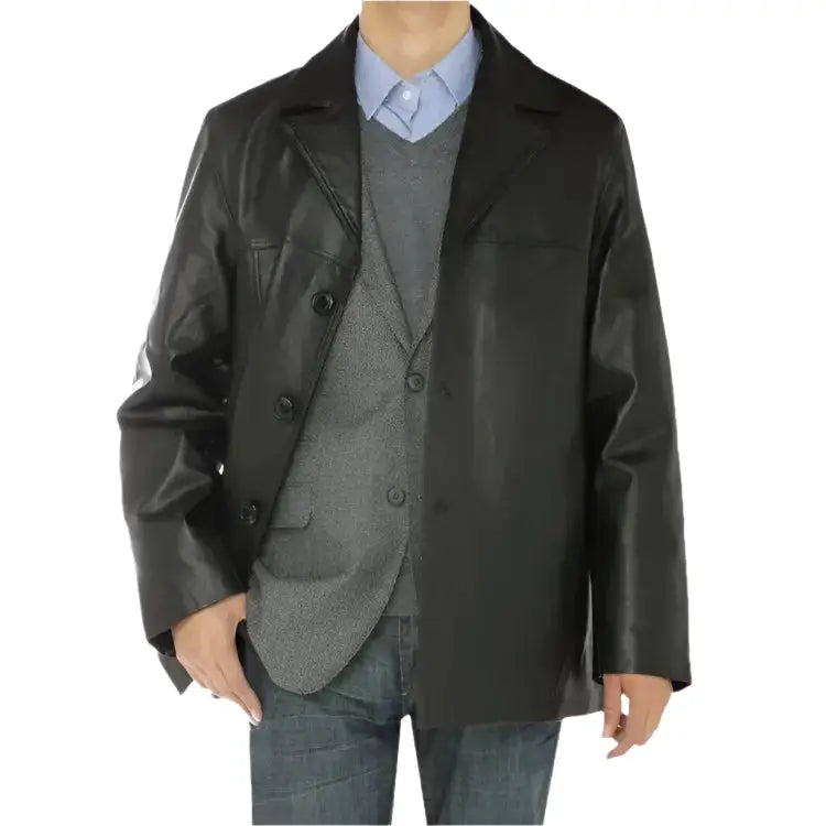 Men’s Black Lambskin Leather Overcoat, picture 2 of 4
