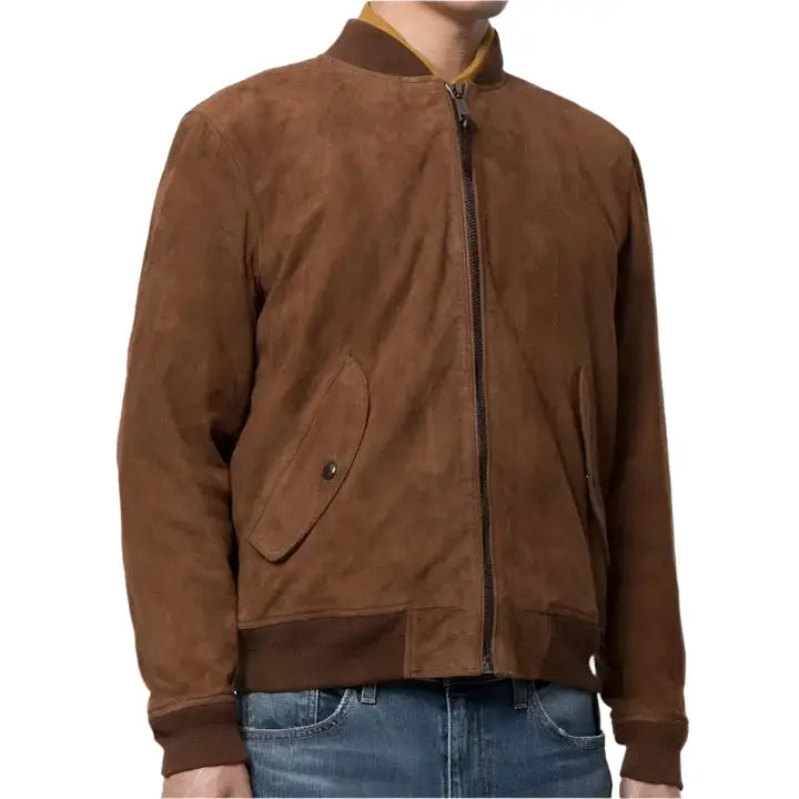 Men’s Brown Suede Leather Bomber Jacket, picture 3 of 5