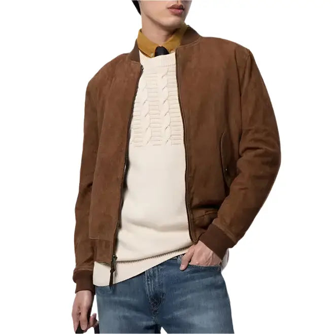 Men’s Brown Suede Leather Bomber Jacket, picture 4 of 5