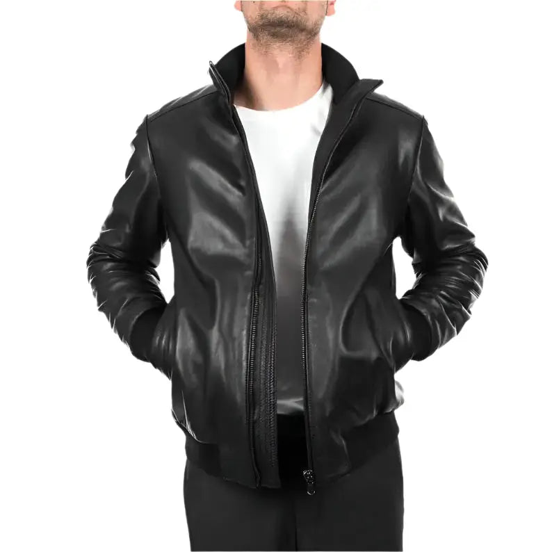 Men’s Black Leather Bomber Jacket, picture 2 of 6