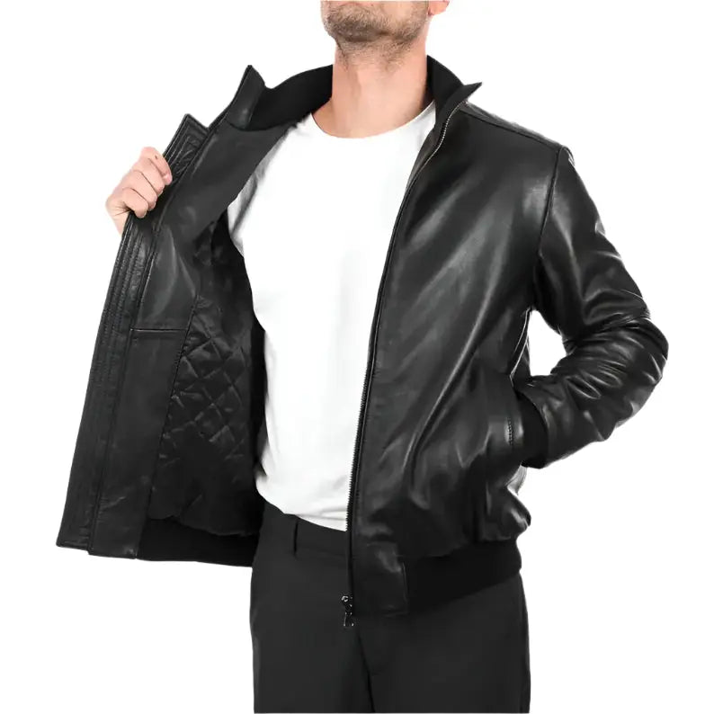 Men’s Black Leather Bomber Jacket, picture 5 of 6
