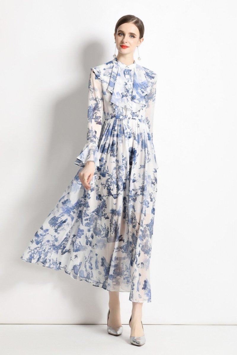 Porcelain Blue Floral Slim Fit Long Sleeve Shirt Dress, picture 3 of 5
