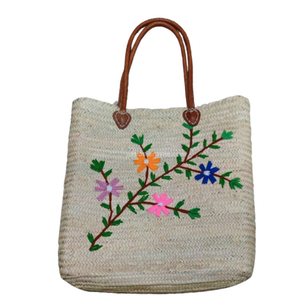 Flowers Embroidered Raffia Basket Bag, picture 2 of 5