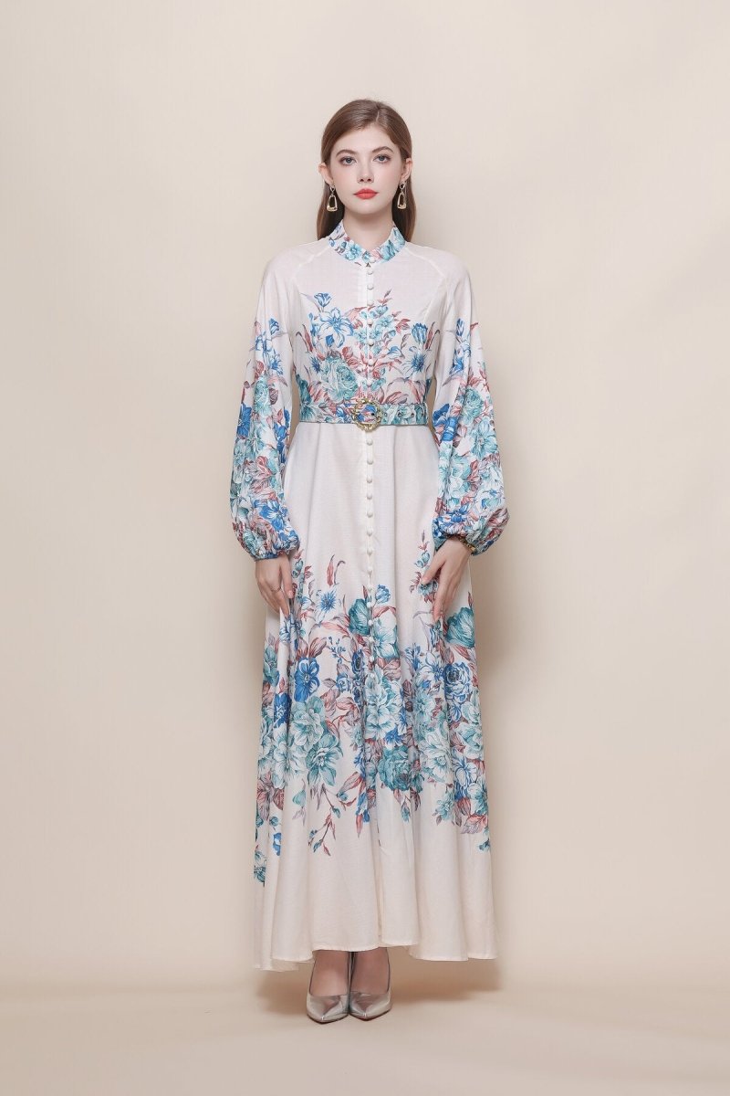 Floral Placement Print Maxi Dress with Balloon Sleeves, picture 2 of 7