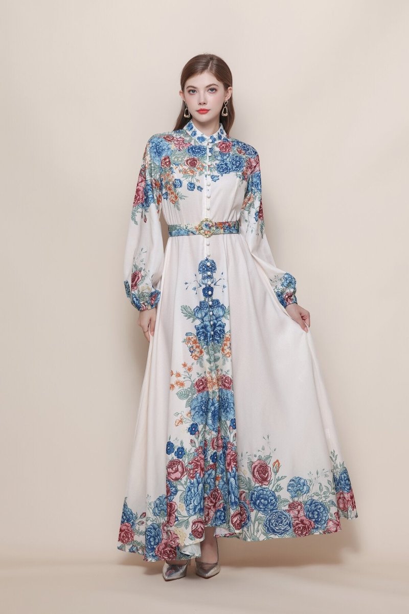 Rose Bouquet Print Maxi Dress with Balloon Sleeves