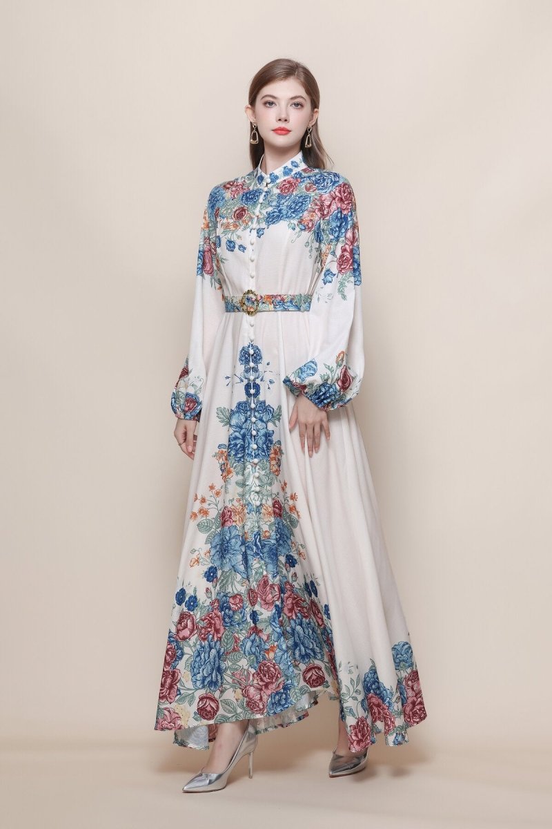 Rose Bouquet Print Maxi Dress with Balloon Sleeves