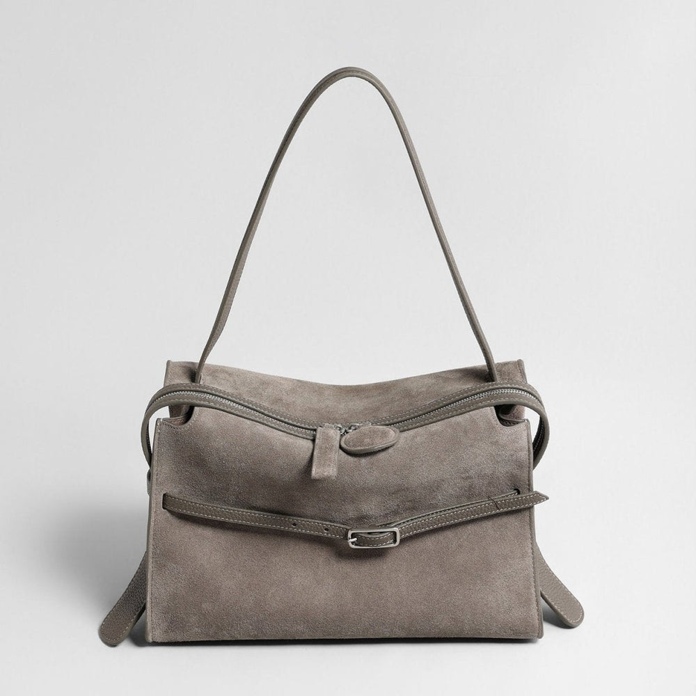 Belted Wave-Zip Suede Shoulder Bag