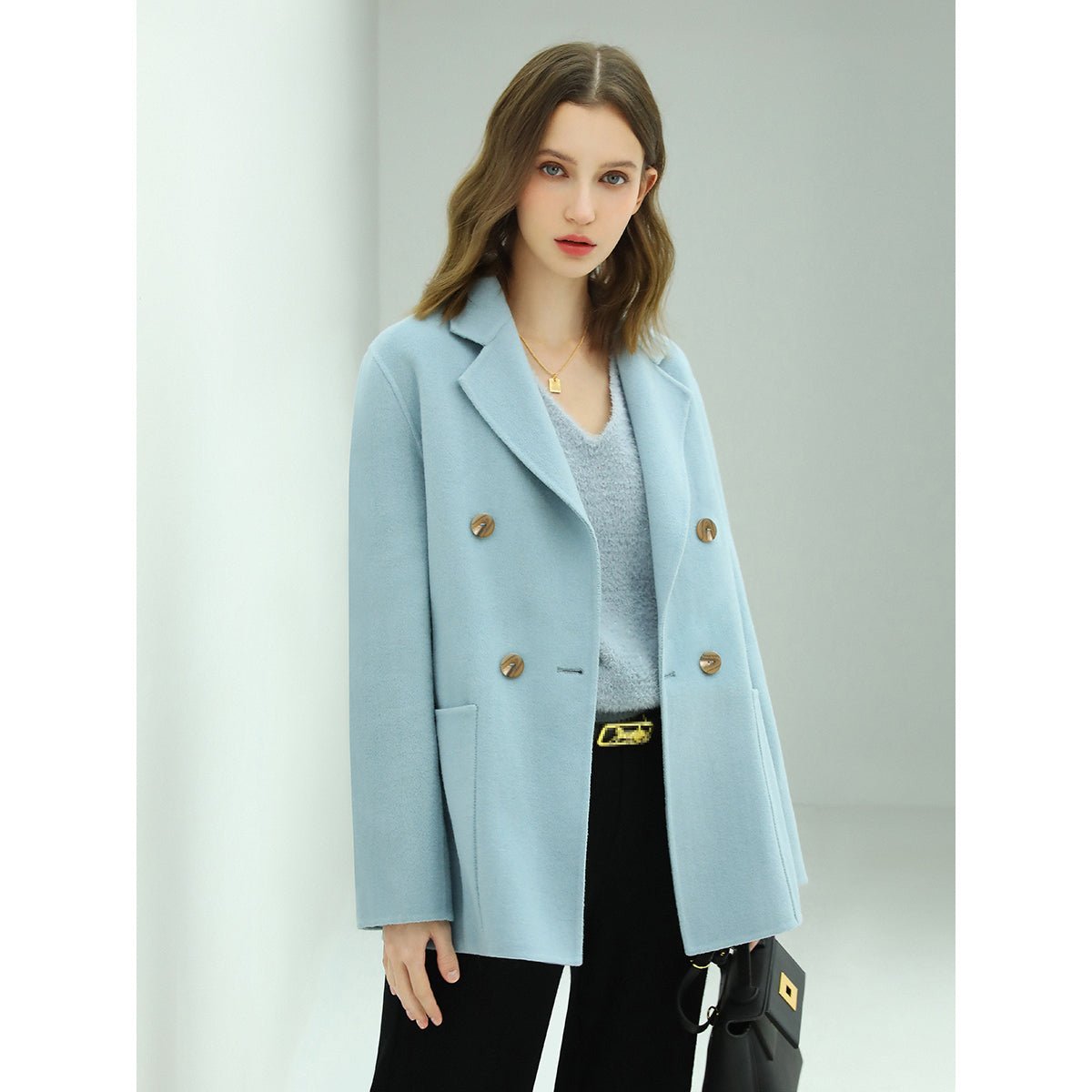 Tailored Powder Blue Double Breasted Wool Coat, picture 2 of 5