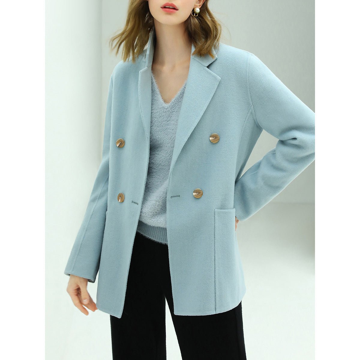 Tailored Powder Blue Double Breasted Wool Coat, picture 4 of 5