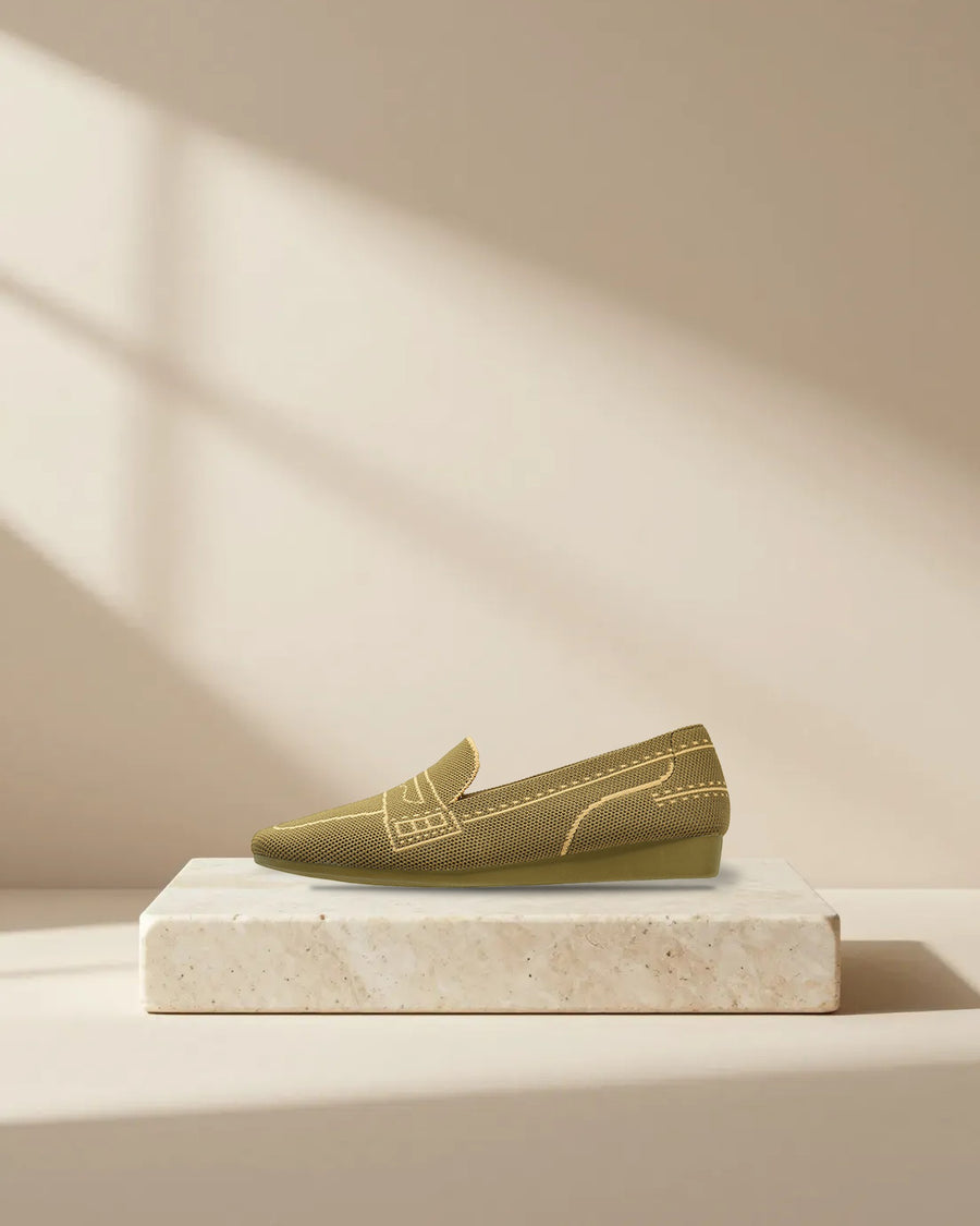 Contrast-Stitch Knit Square-Toe Penny Loafers in Avocado