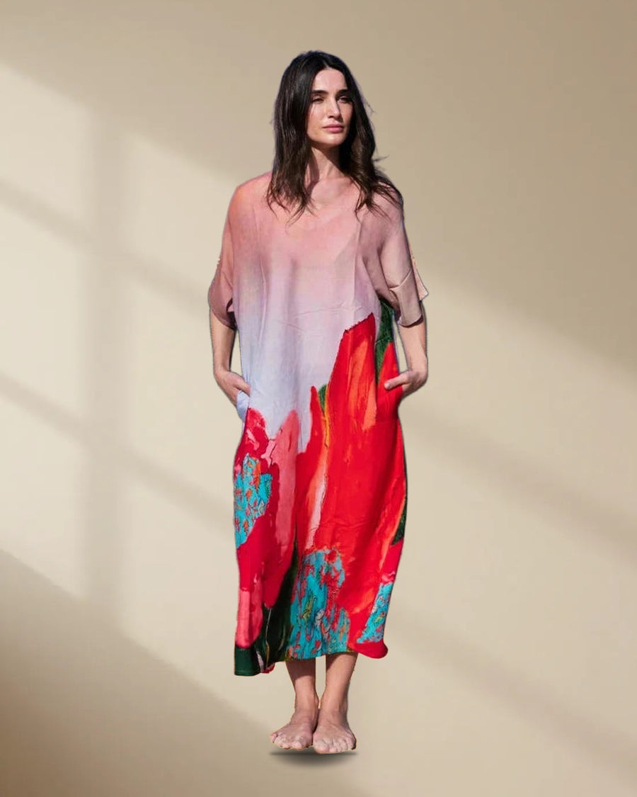Coral Mirage Floral Long Kaftan Dress