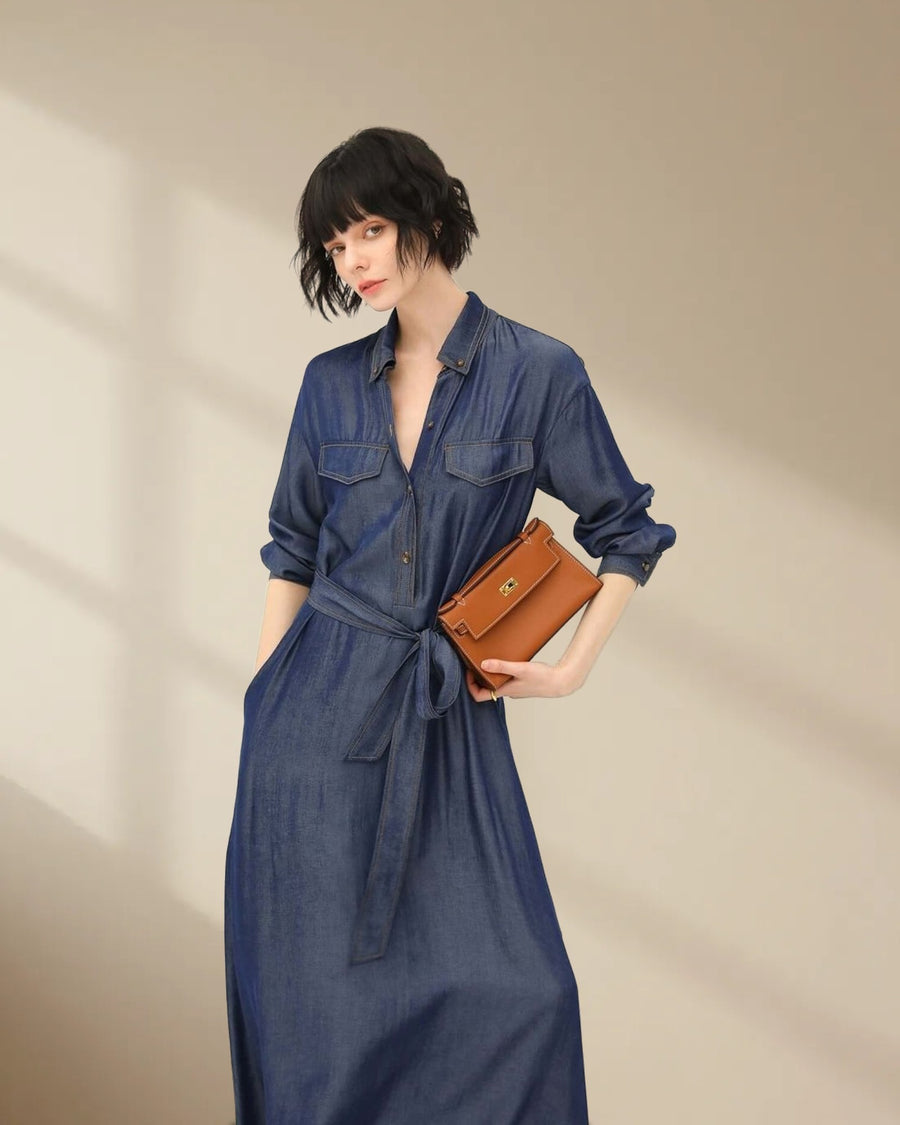 High-Waist Long-Sleeve Denim Shirt Dress in Navy