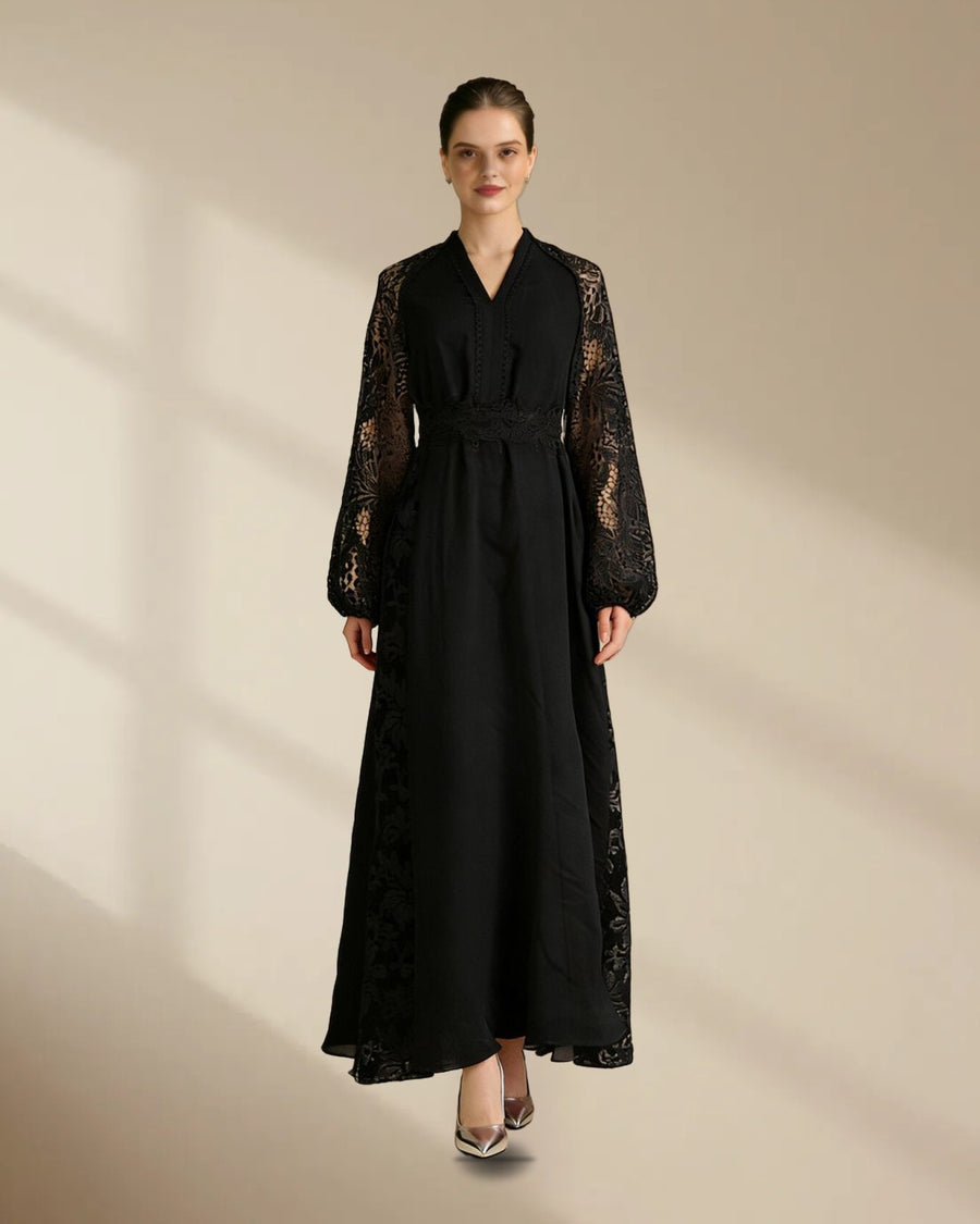 Lace-Sleeve Chiffon Maxi Dress in Black