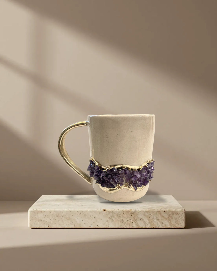 Flow Cream Ceramic Mugs with Amethyst, 12 oz