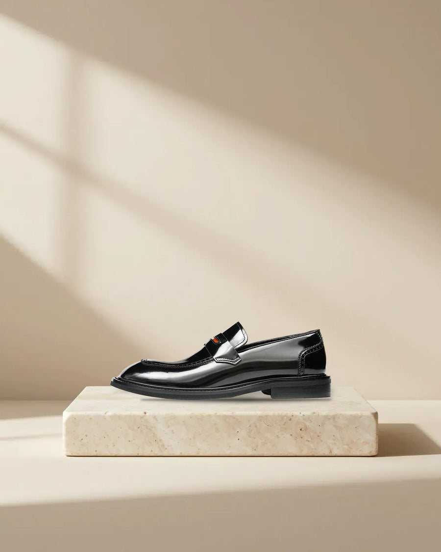 Men’s Glossy Calfskin Penny Loafers in Black