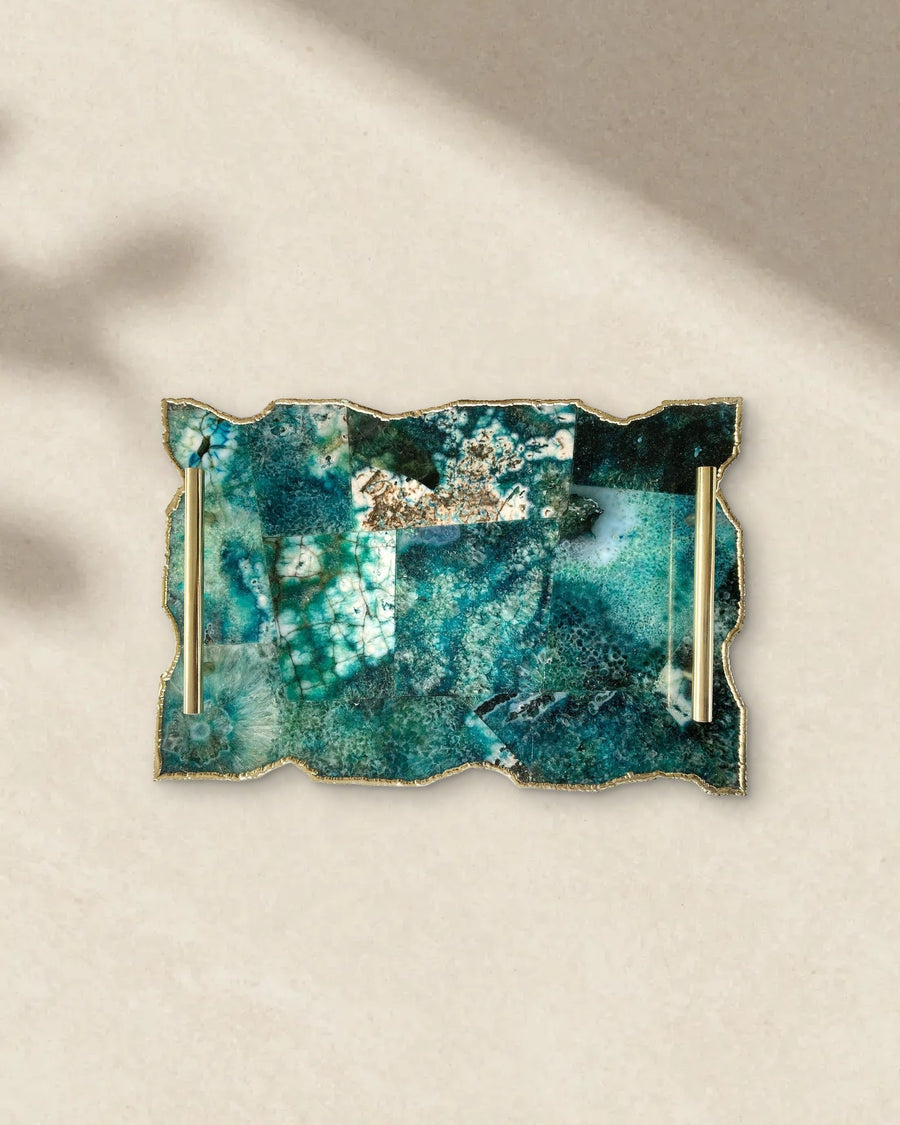Green Agate Serving Tray with Bar Handles, 10 x 15 Inch in Gold