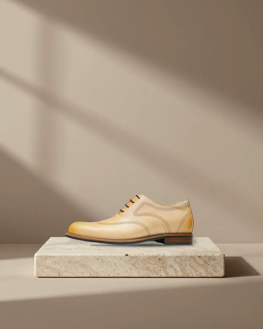 Men’s Beige Calfskin Wingtip Oxford Shoes