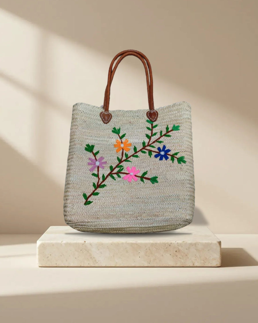 Flowers Embroidered Raffia Basket Bag