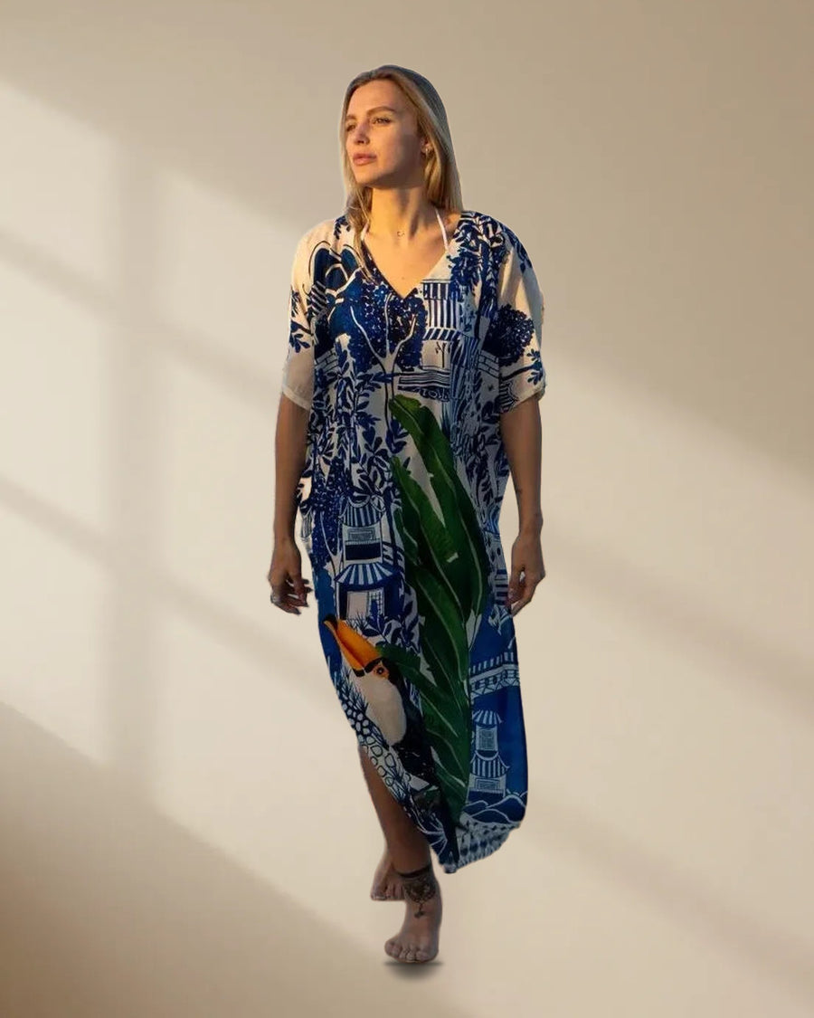 Harmony Bird Print Long Kaftan Dress with Side Slits