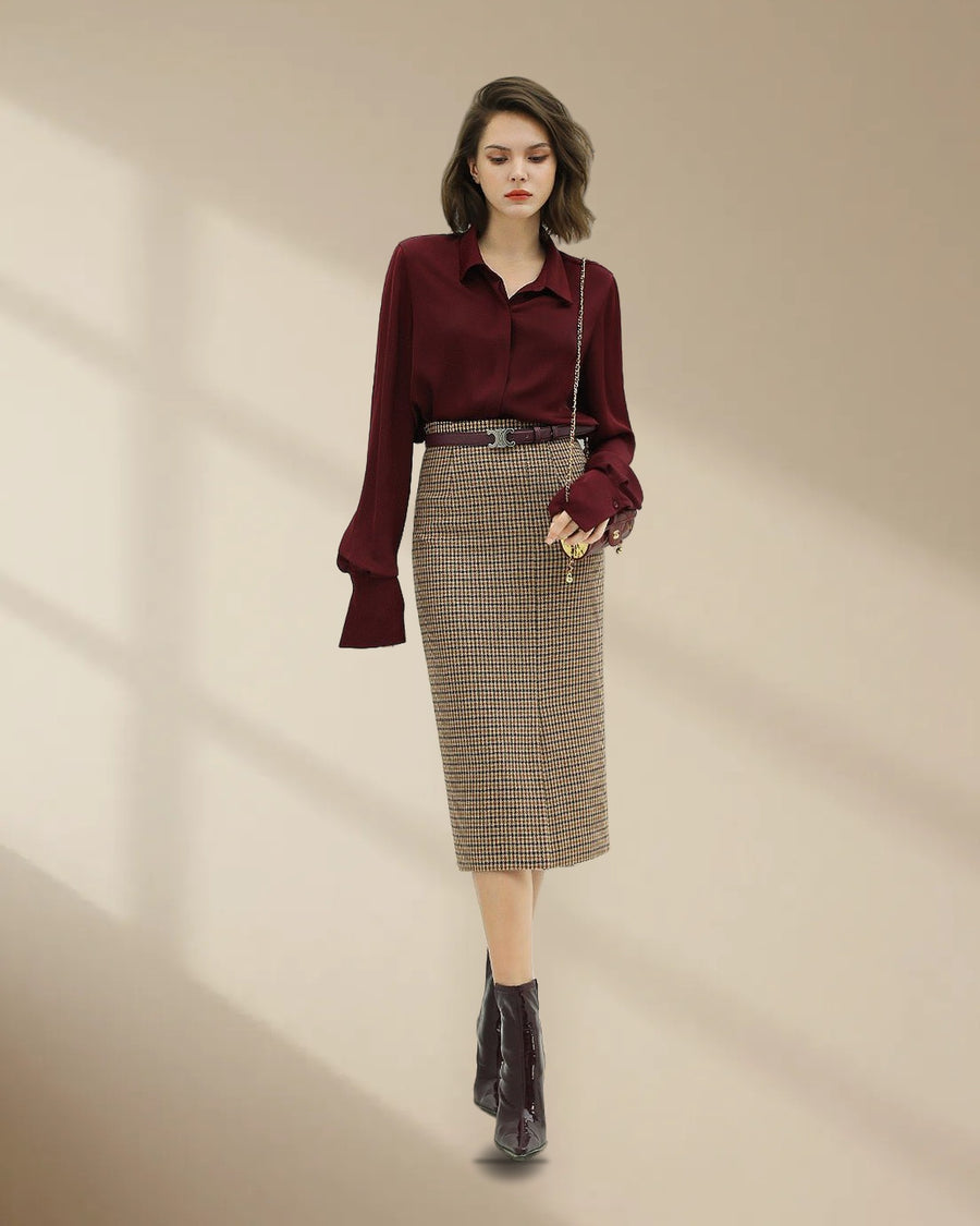 Houndstooth Brown Checkered Wool Skirt