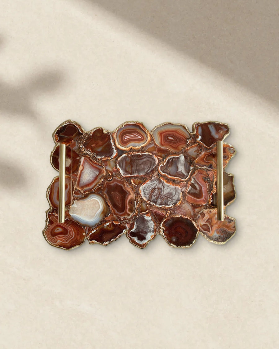 Red Agate Serving Tray with Brass Handles, 10 x 15 Inch