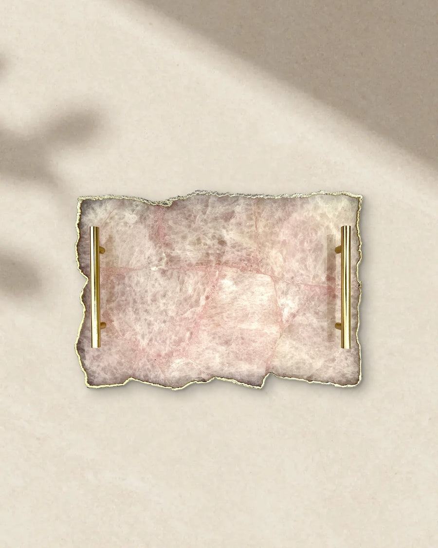 Rose Quartz Agate Tray with Brass Handles, 10 x 15 Inch