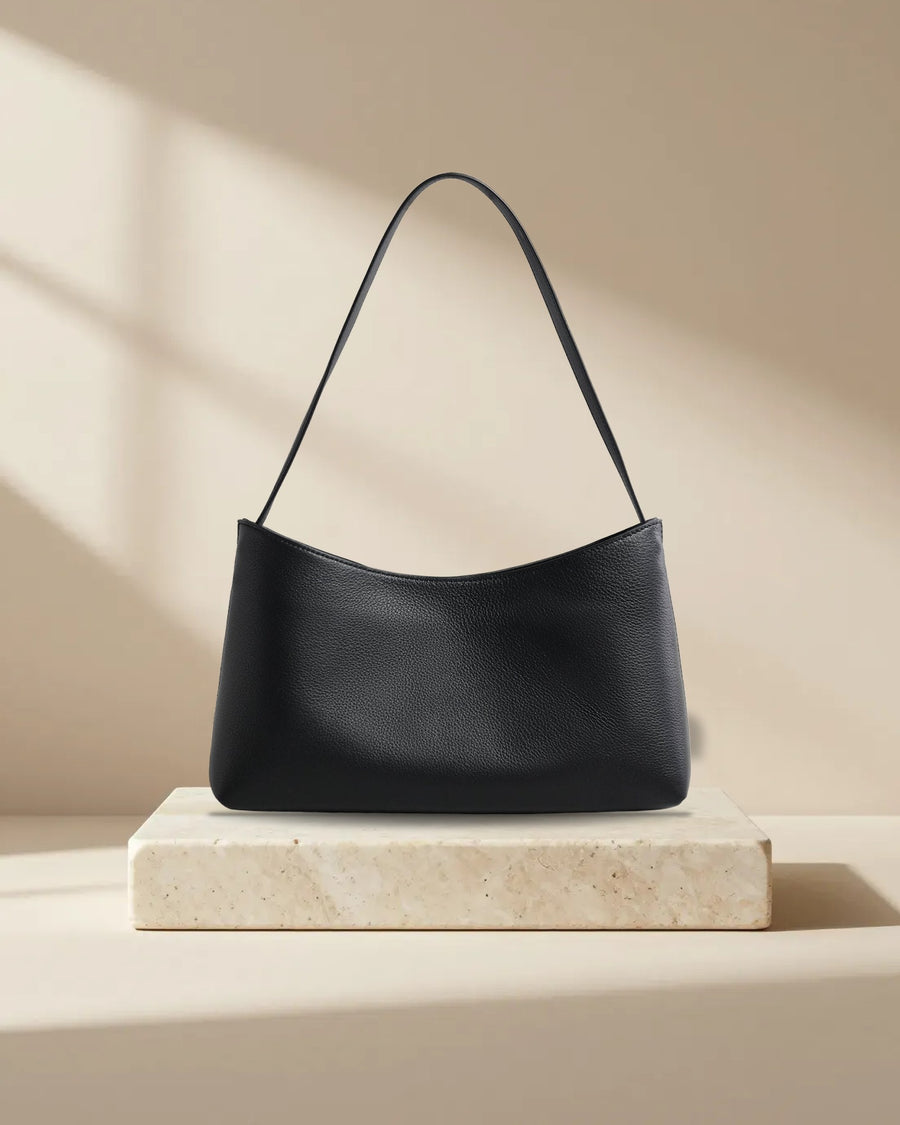 Lychee-Grain Cowhide Leather Underarm Bag in Black