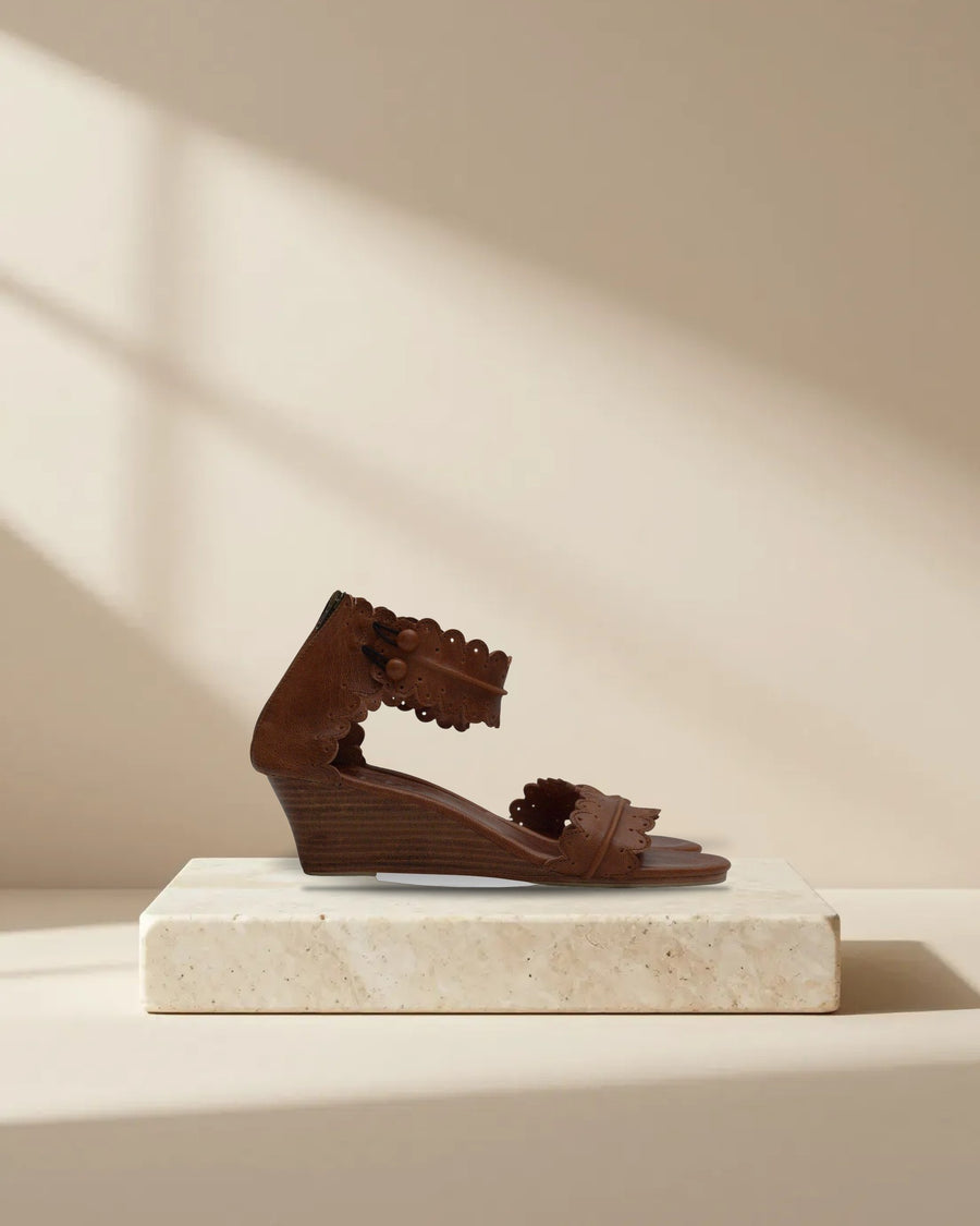 Magdalena Leather Wedge Sandals in Vintage Camel