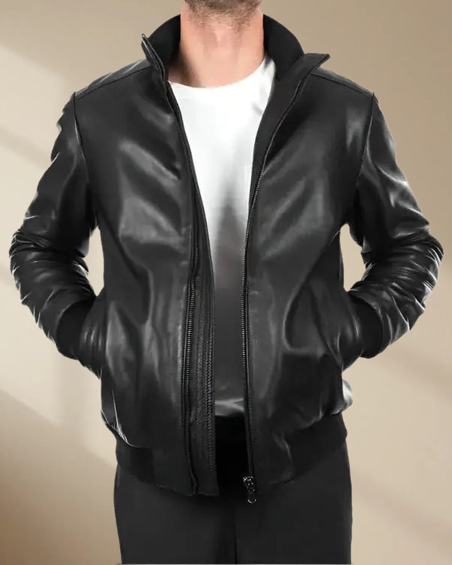 Men’s Black Leather Bomber Jacket