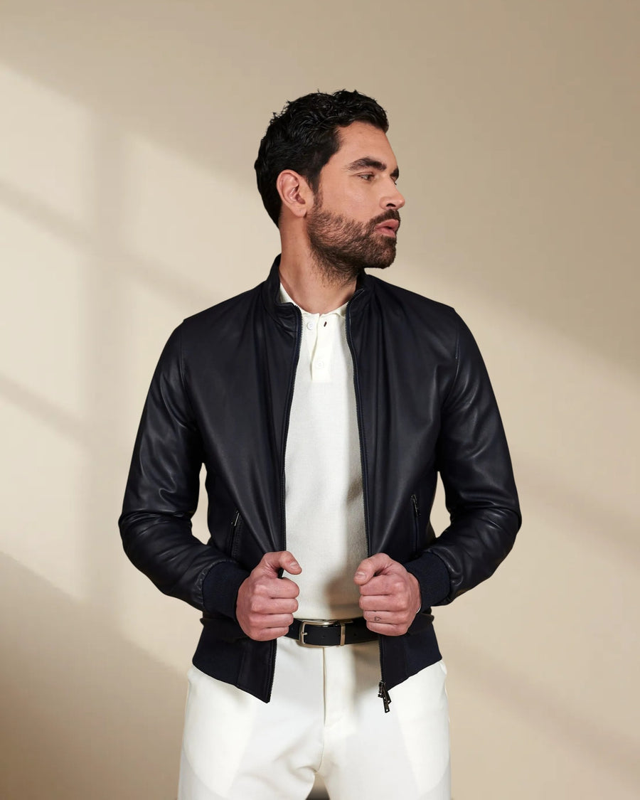 Men’s Blue Leather Bomber Jacket
