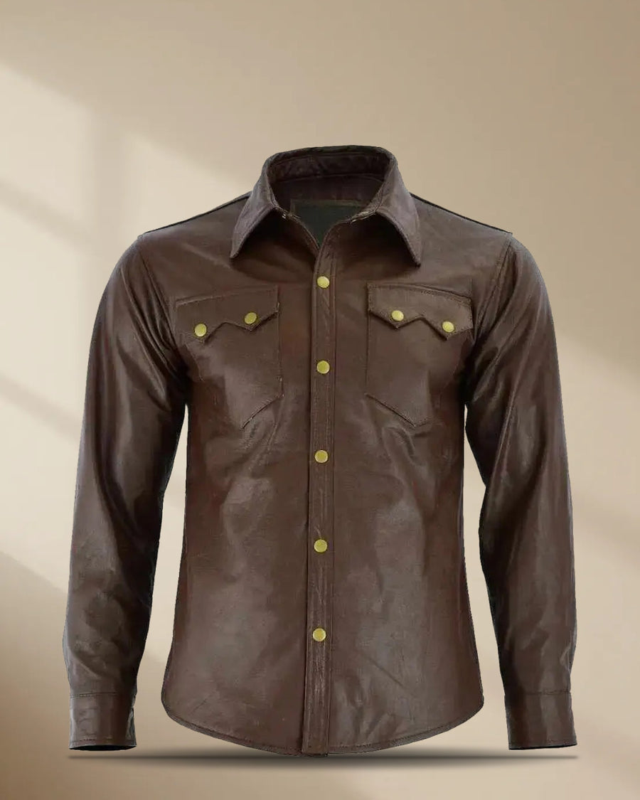 Men’s Brown Slim Fit Leather Shirt
