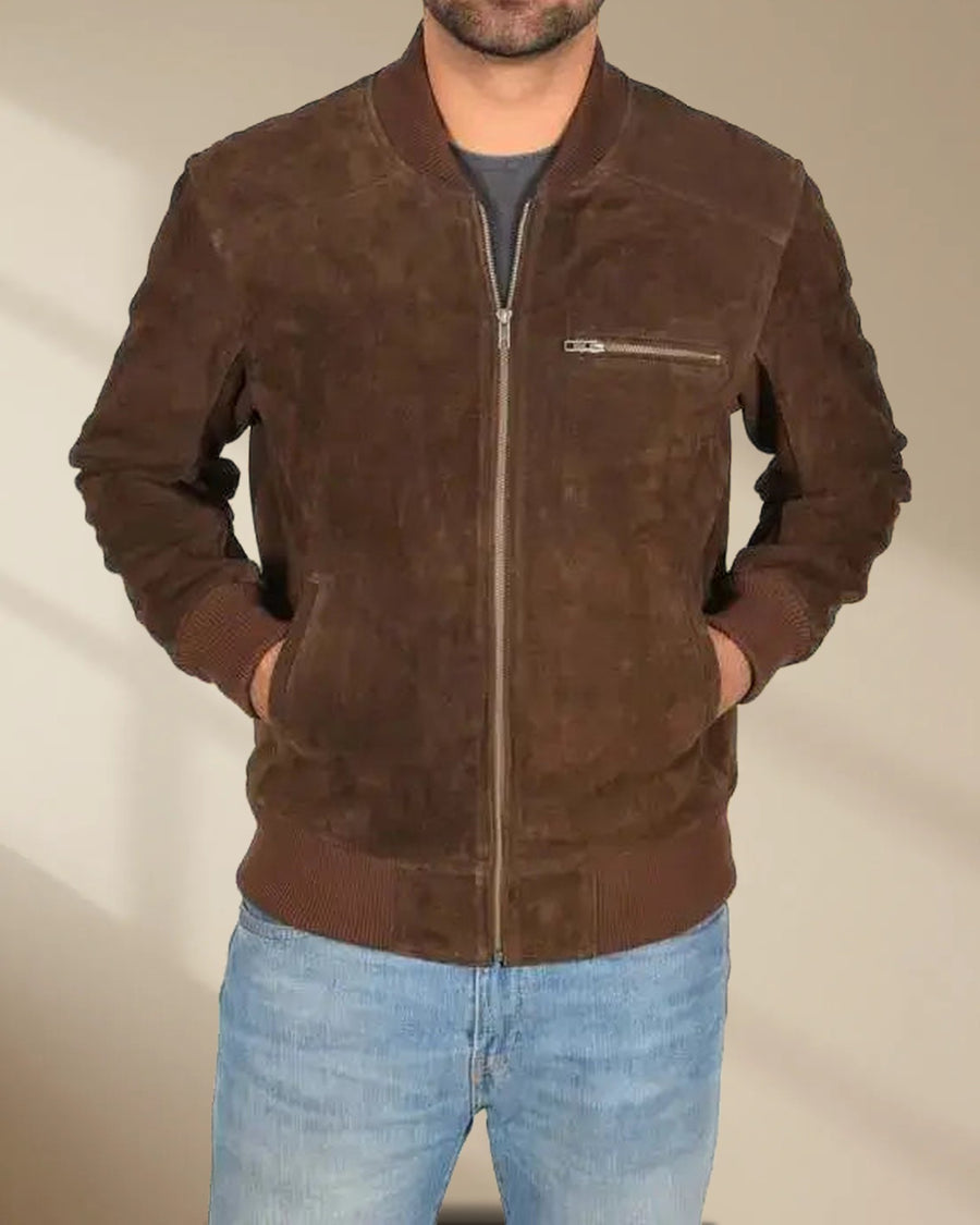 Men’s Chocolate Brown Suede Bomber Jacket