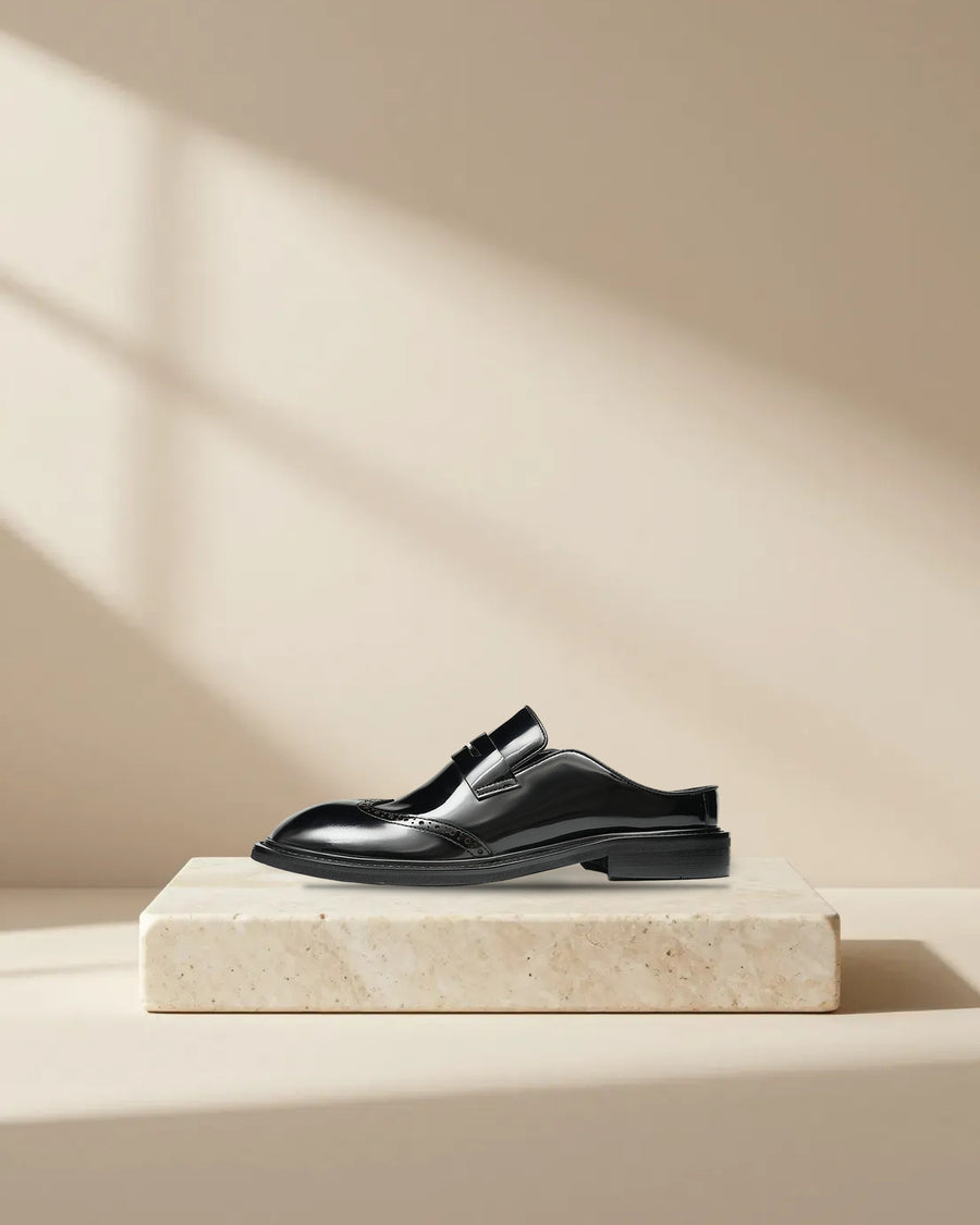 Men’s Glossy Calfskin Classic Slipper Mules in Black