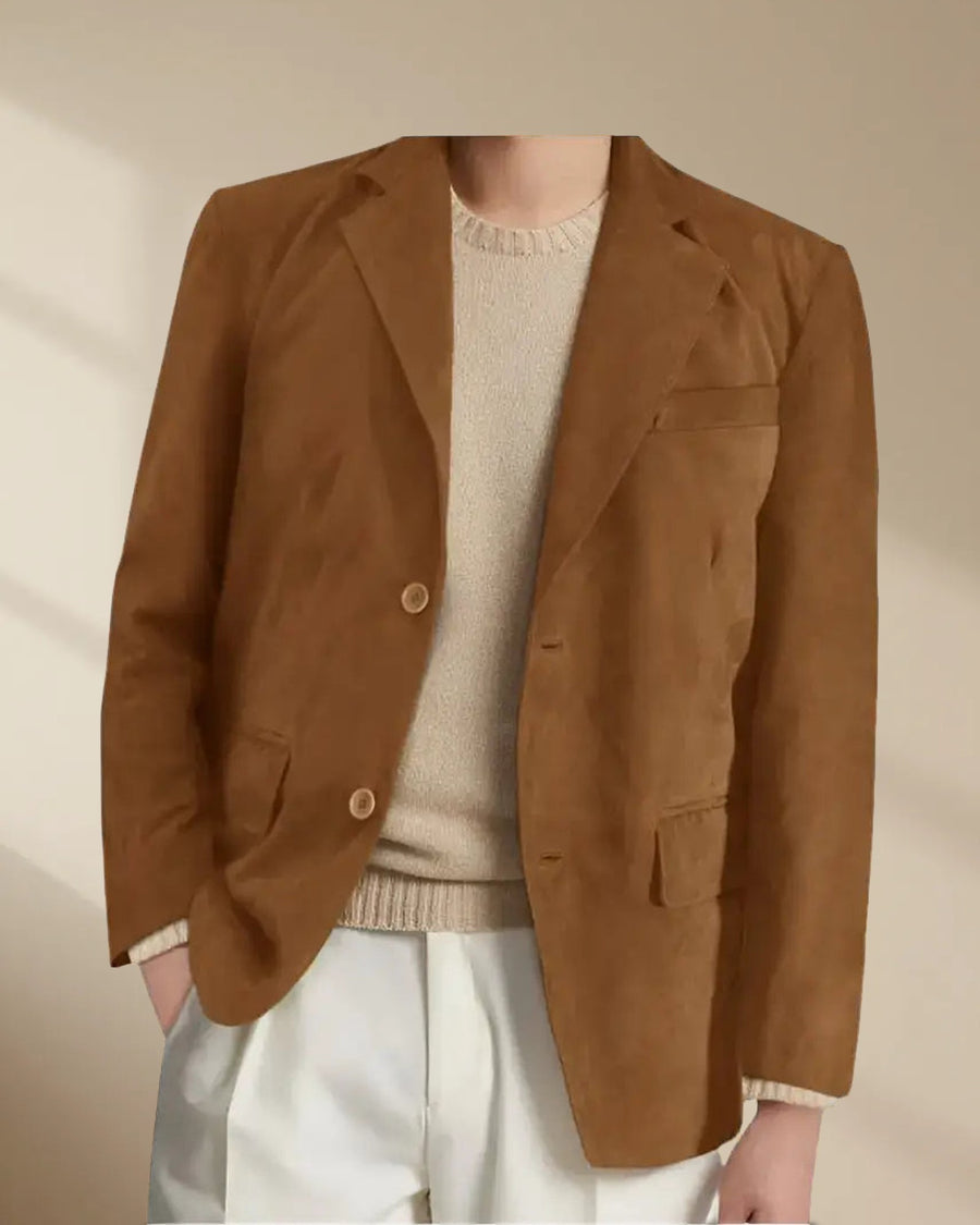 Men’s Suede Leather Blazer Coat in Brown