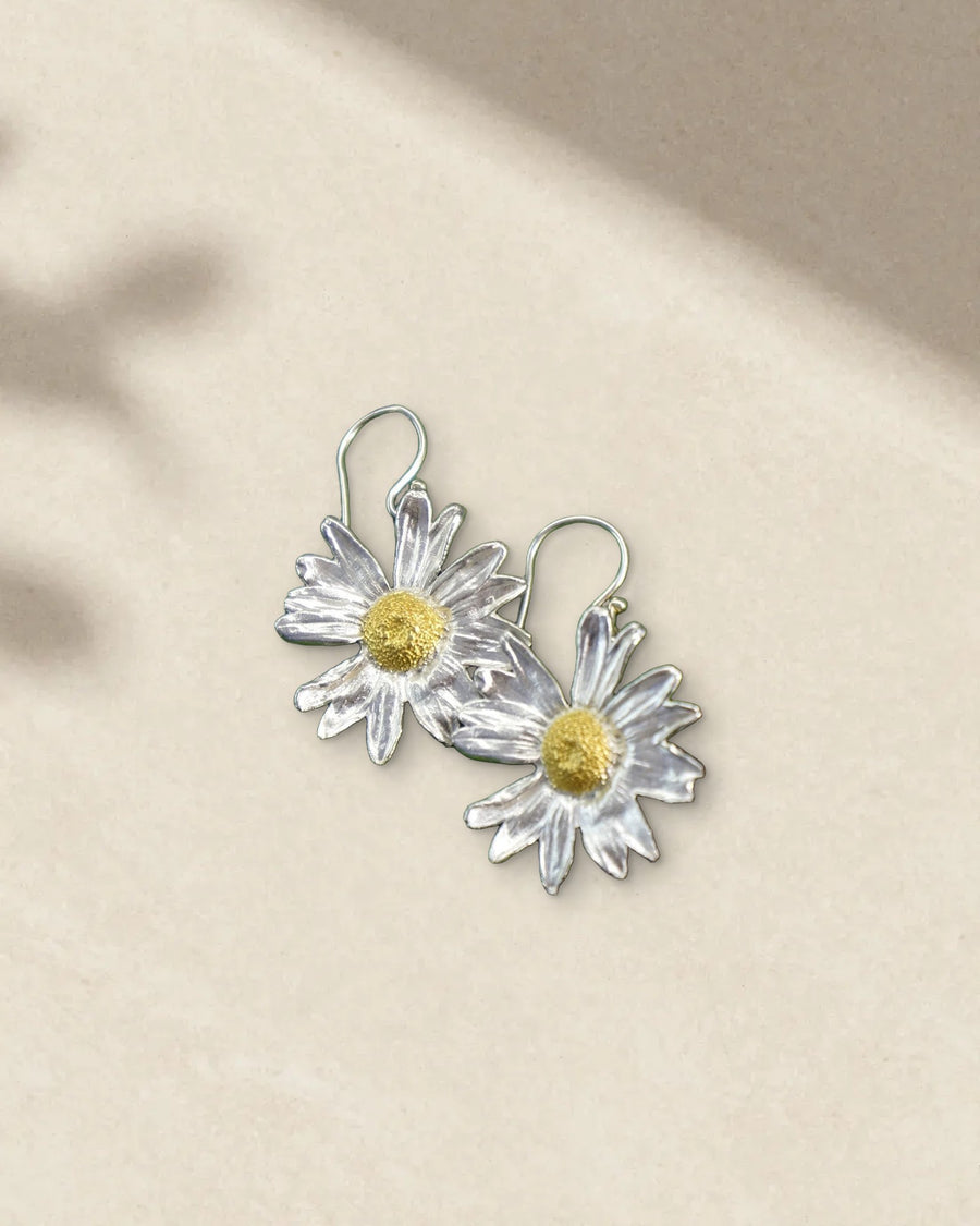 Real Daisy Flower Earrings in Sterling Silver