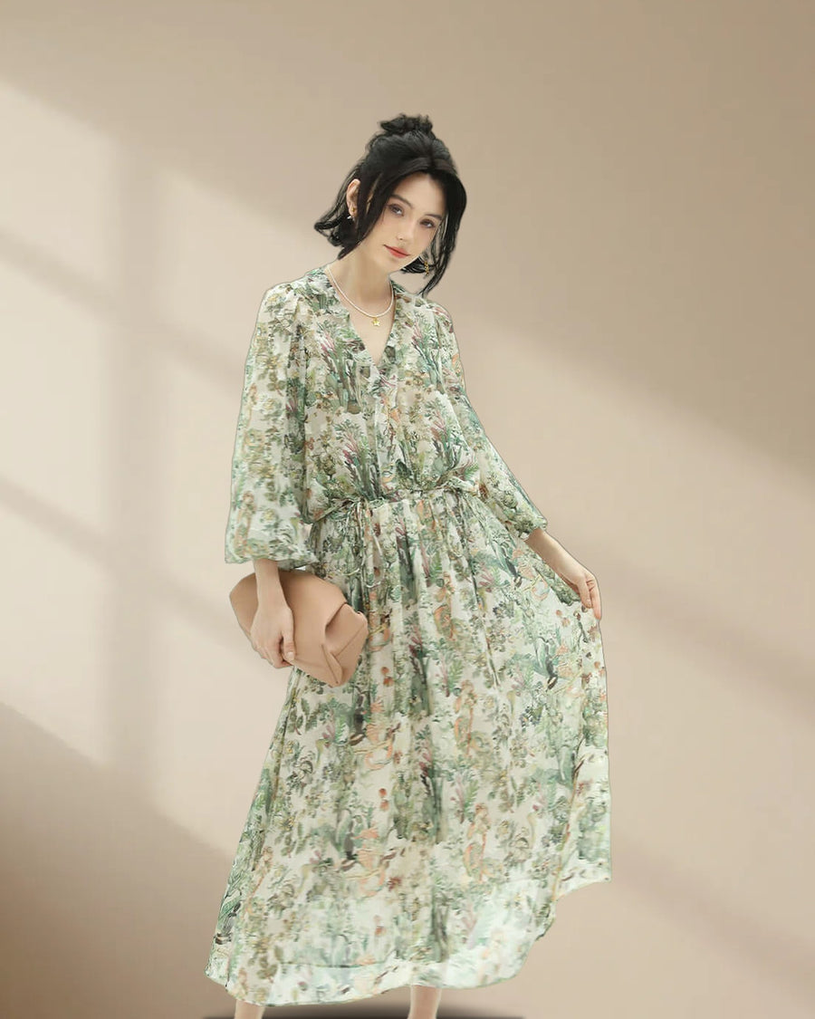Romantic Floral Long-Sleeve Green Dress