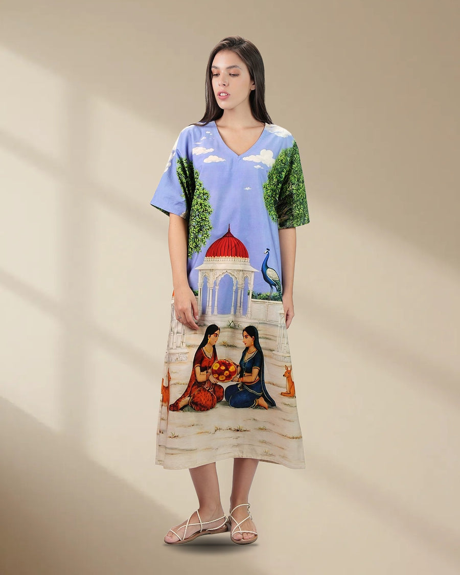 Saanjh Heritage Art Print Long Kaftan Dress