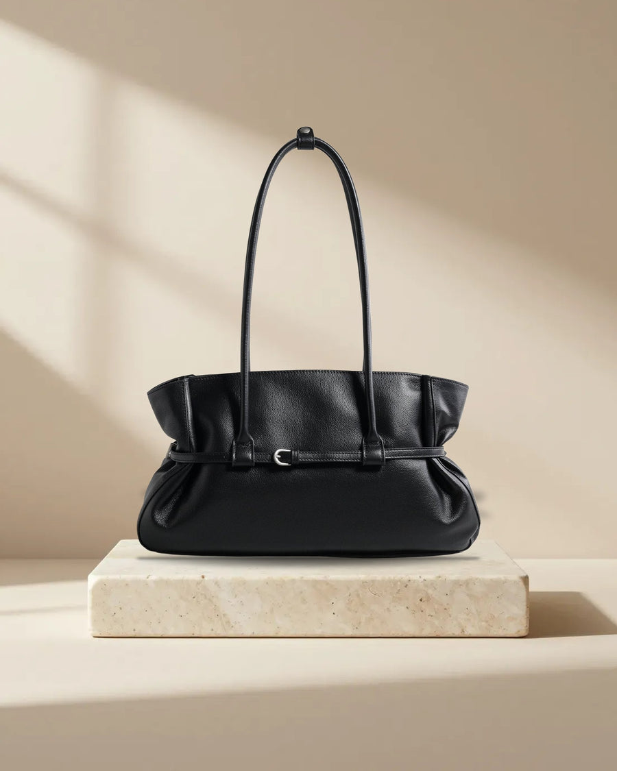 Slouchy Belted Pebbled Leather Tote Bag in Black