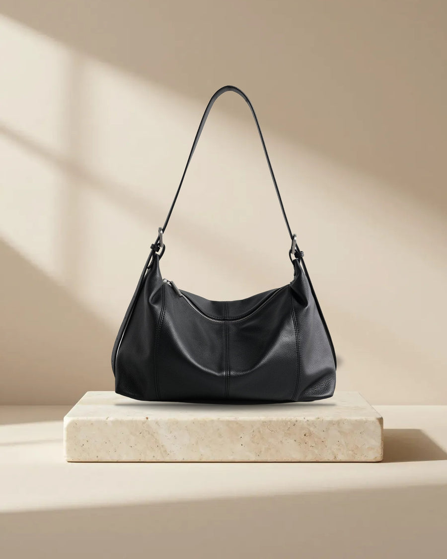 Slouchy Pebbled Leather Crescent Hobo Bag in Black