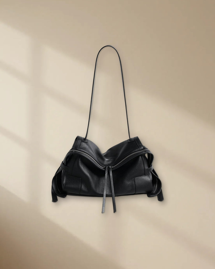 Slouchy Double-Zip Leather Pillow Bag in Black