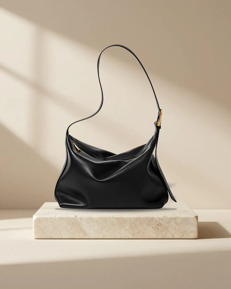 Soft Leather Slouch Shoulder Hobo Bag in Black