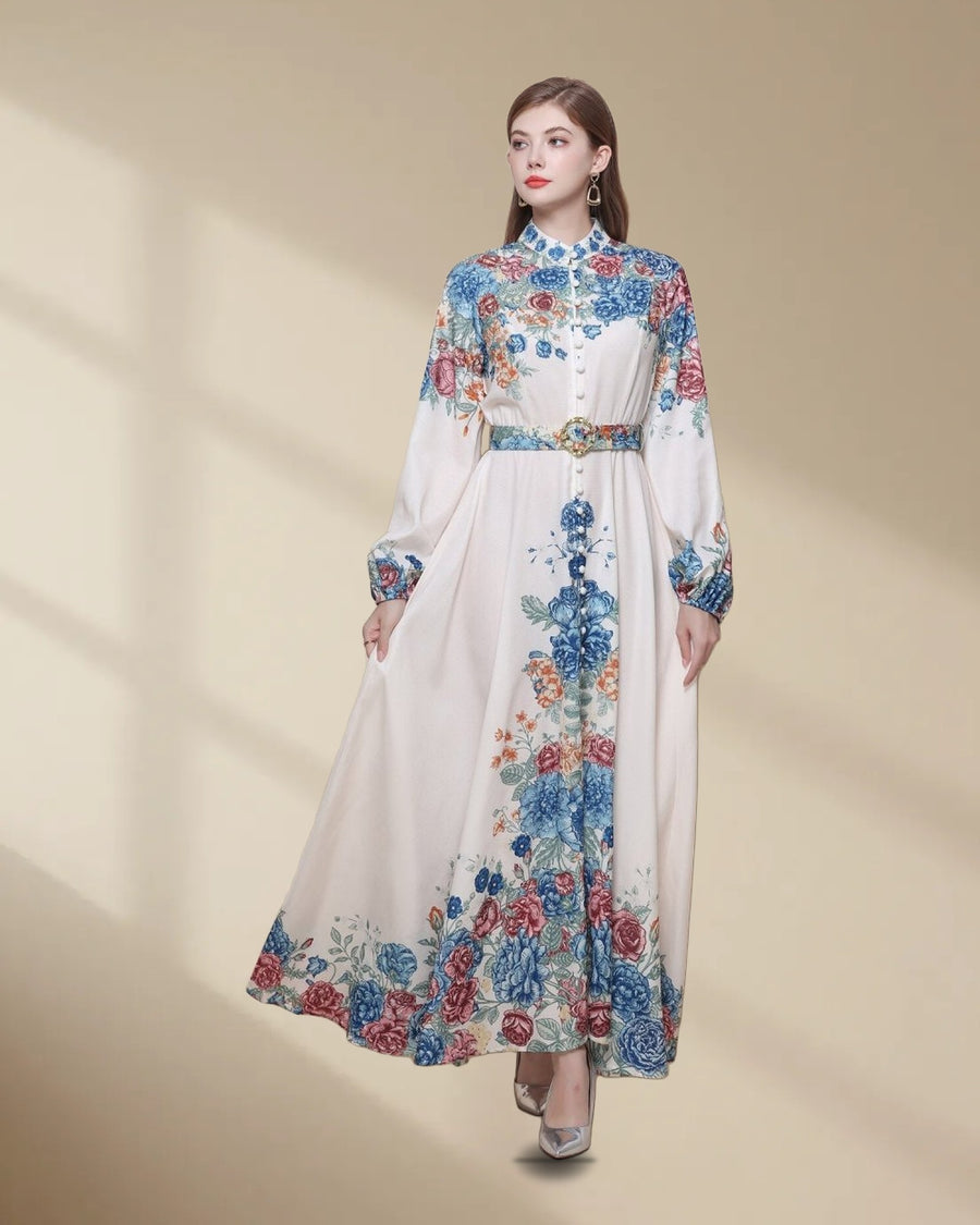 Rose Bouquet Print Maxi Dress with Balloon Sleeves