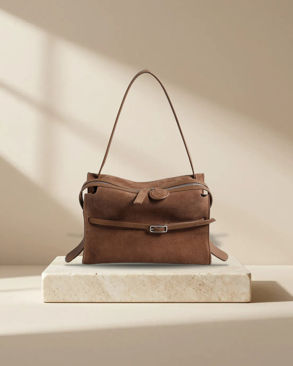 Belted Wave-Zip Suede Shoulder Bag, picture 8 of 8